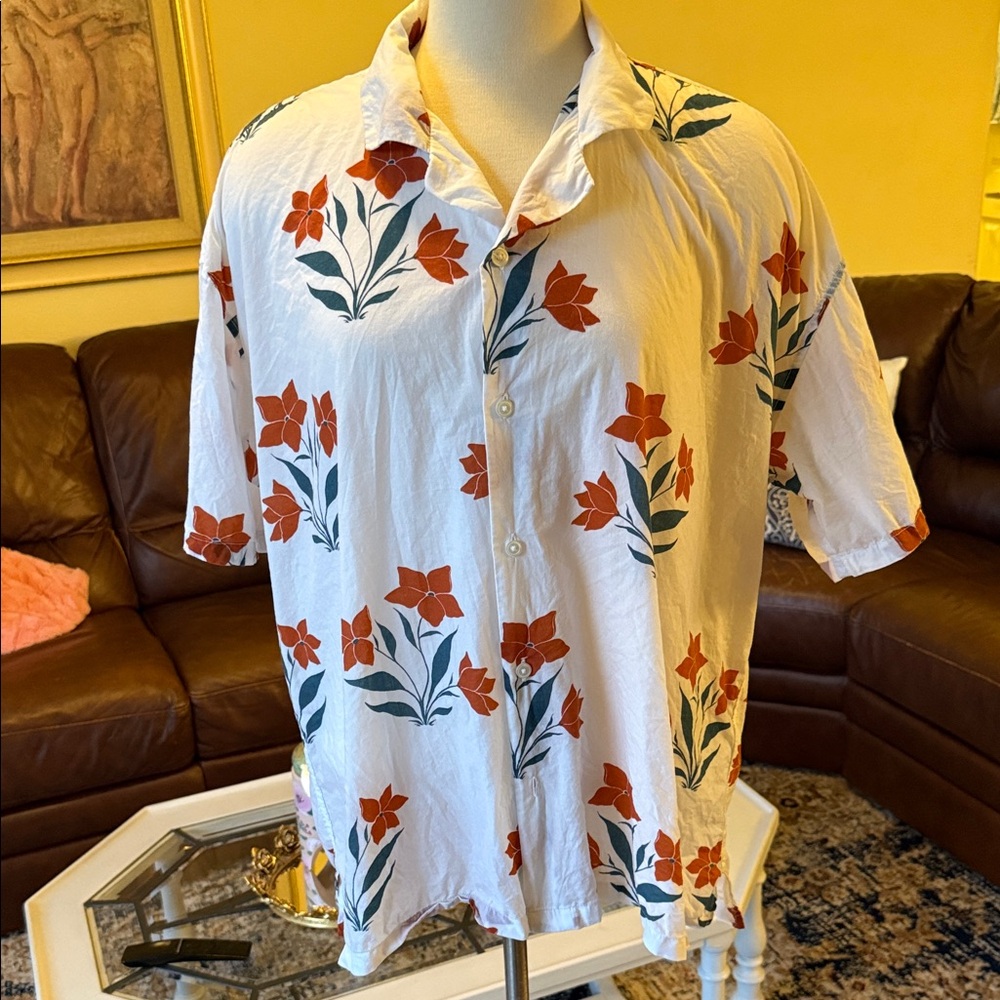 Abercrombie & Fitch White Short-Sleeve Button-Down with Orange Teal Floral Print